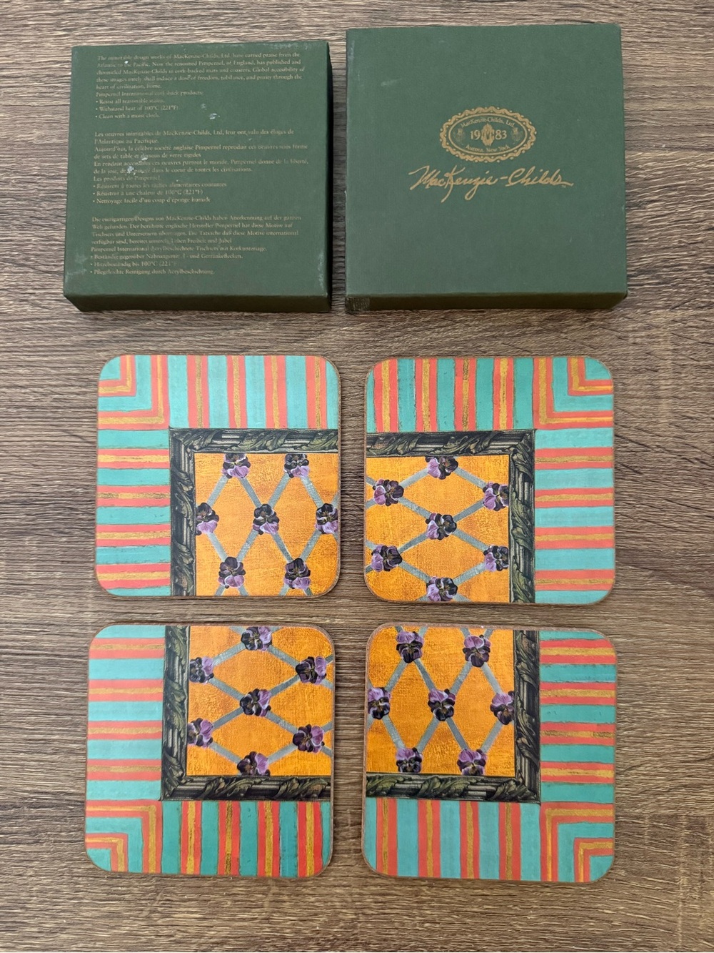 MacKenzie-Childs Turquoise, Coral & Gold Decorative Cork Back Coasters- Set of 4